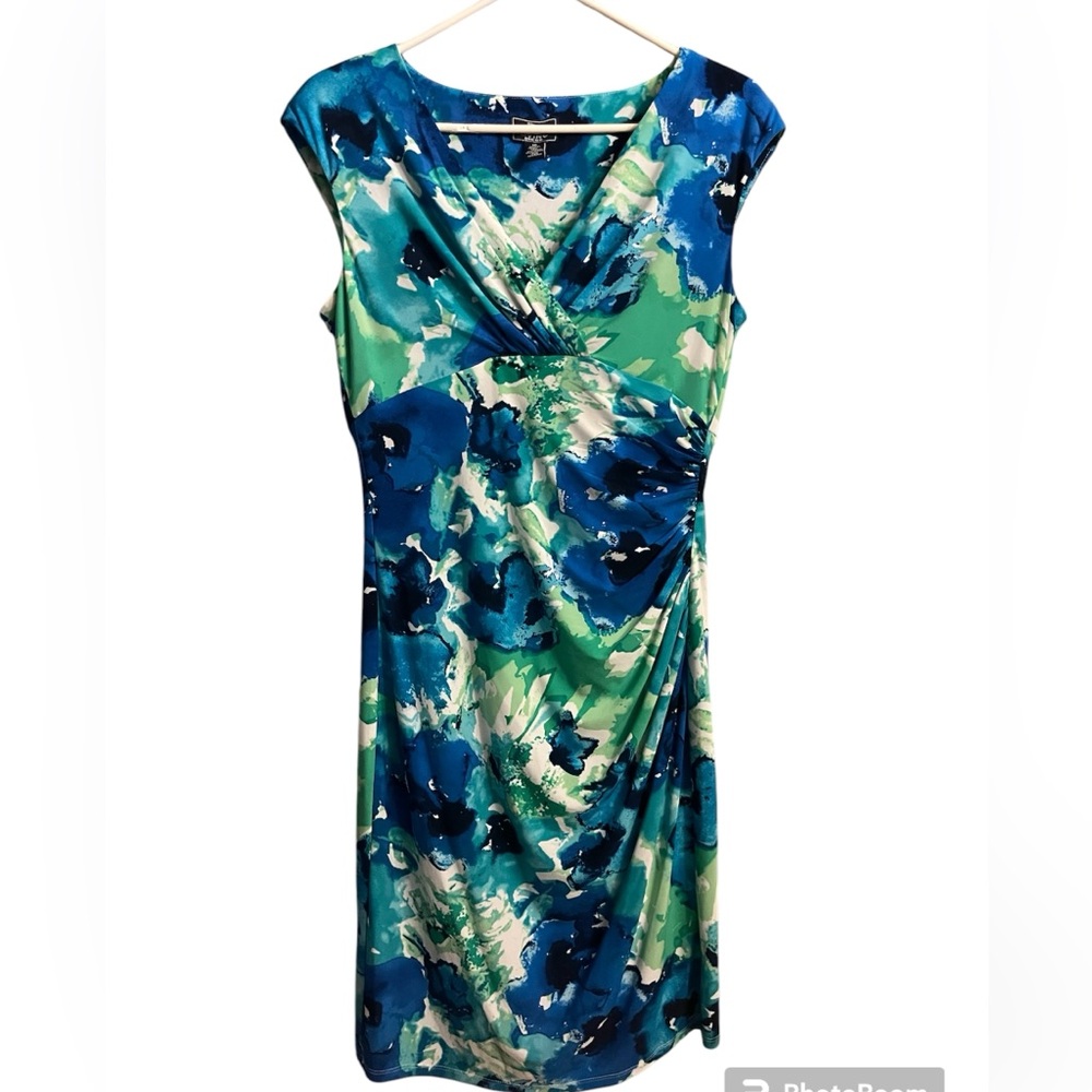 American Living Floral blue/green Wrap cap sleeve Dress Size 10 watercolor